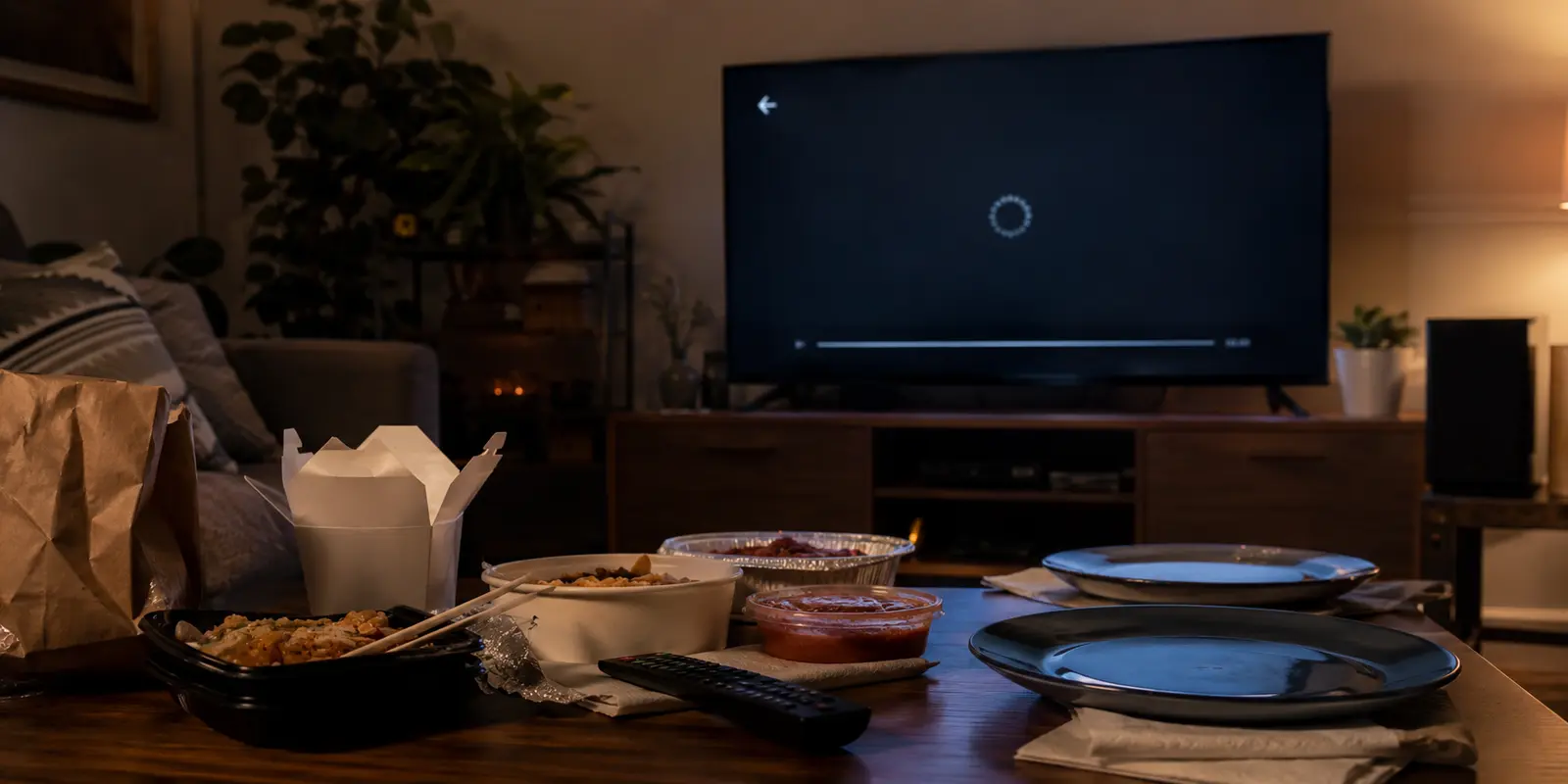 A living-room television remains stuck loading while takeout food and a streaming remote wait on the coffee table.
