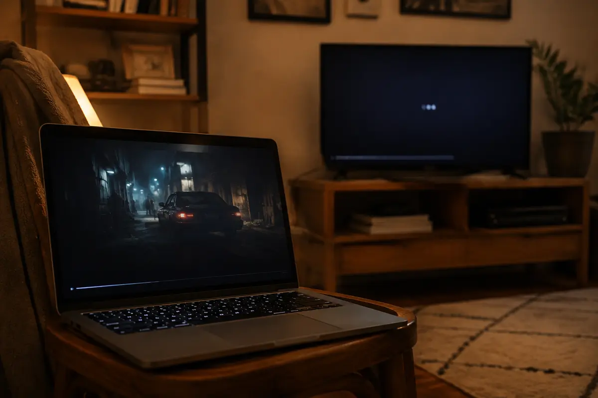 A laptop plays a movie while the television in the same room remains stuck loading.