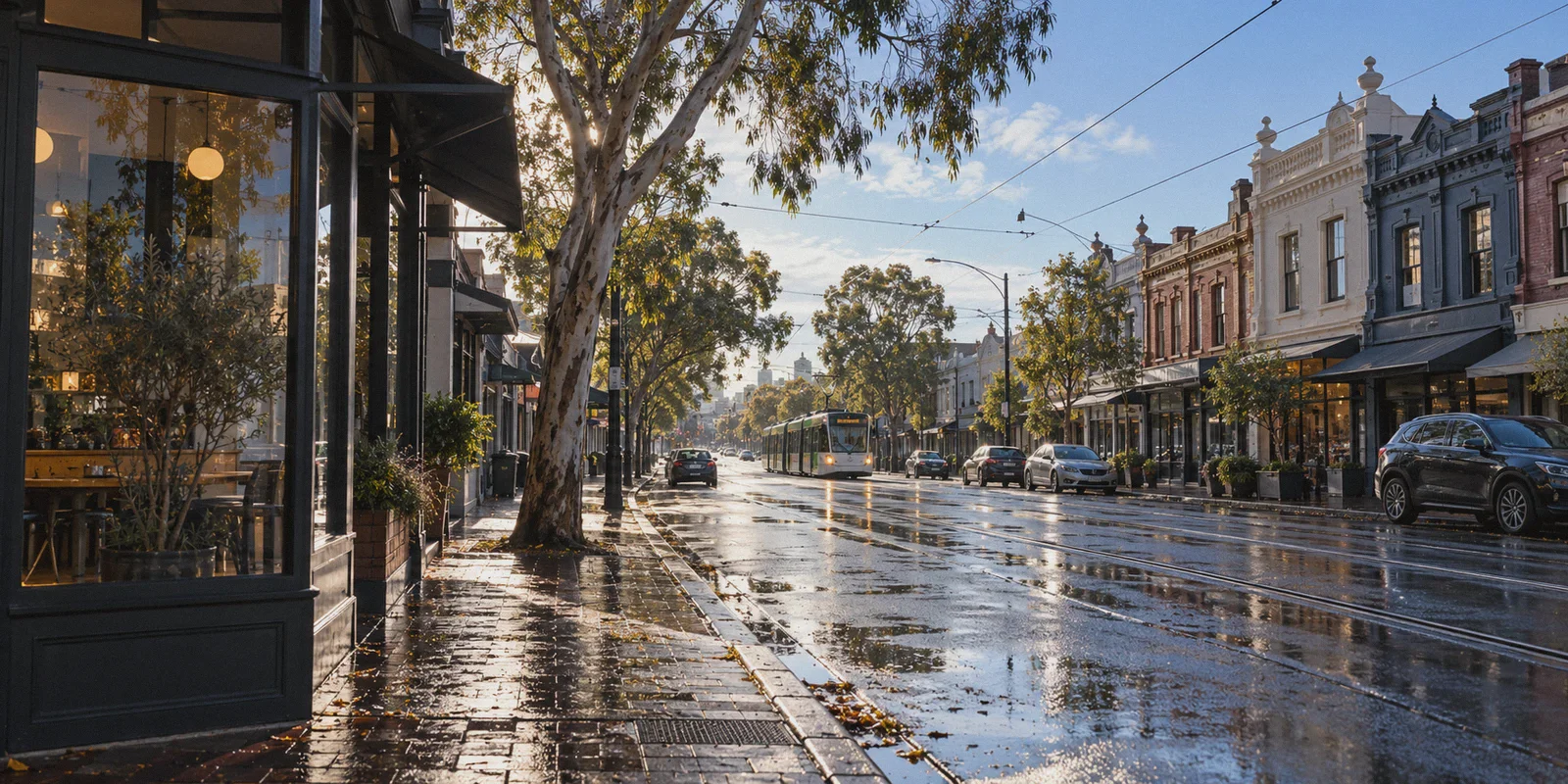 Melbourne street with a tram and Victorian shopfronts.