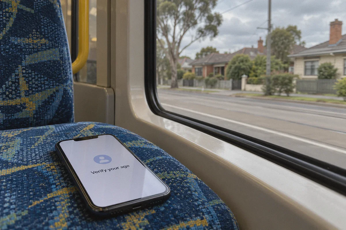 Phone showing an age-verification checkpoint on public transport.