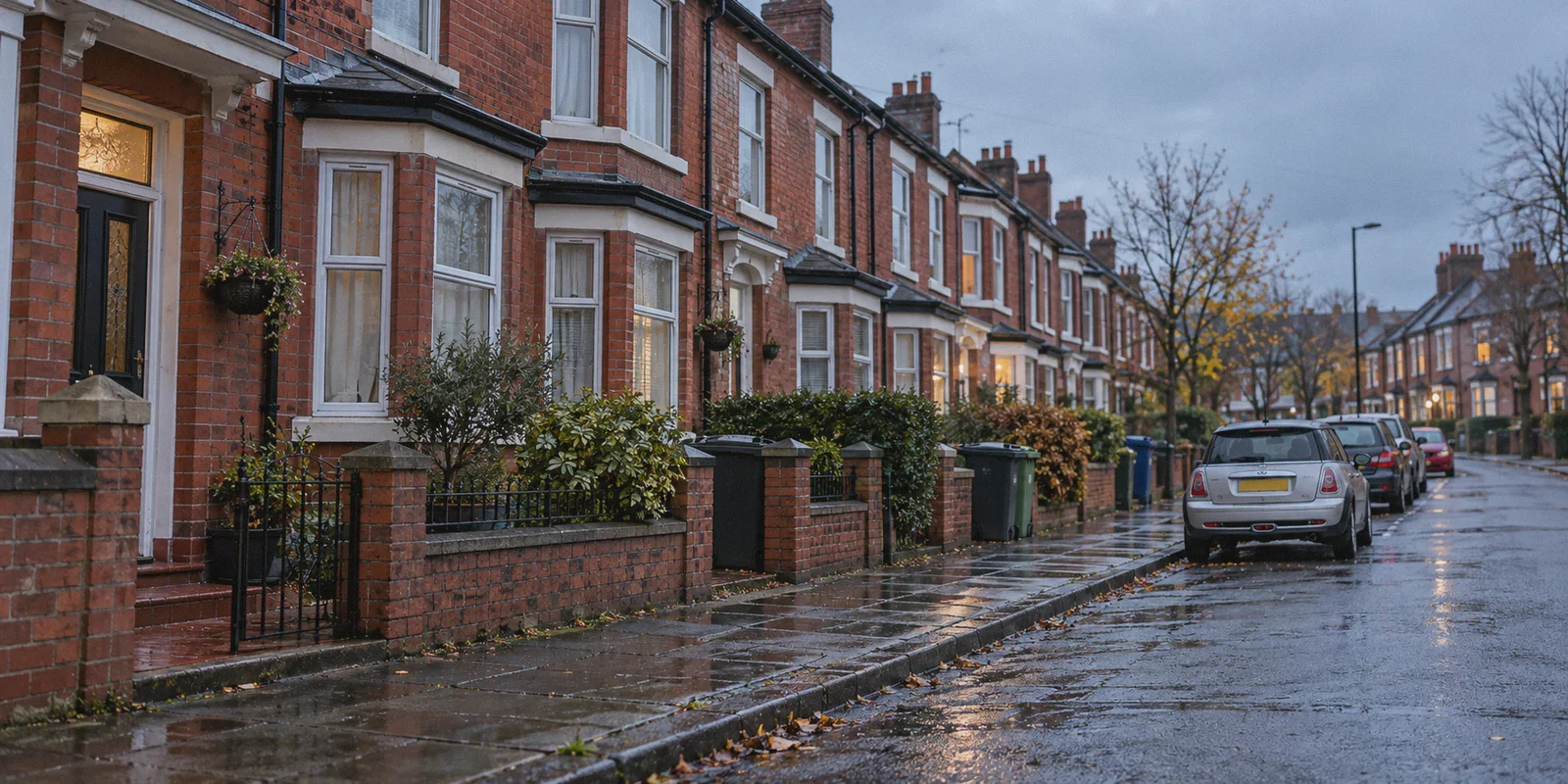A quiet red-brick residential street in Manchester.
