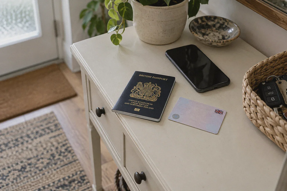 Identity documents lie beside an unlit phone with personal details hidden.