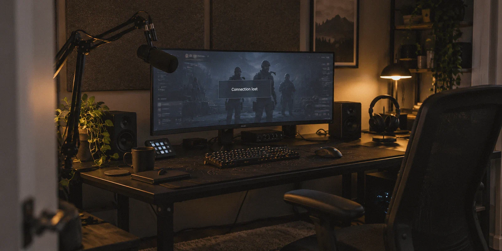 A disconnected multiplayer lobby on a monitor in a streaming room.