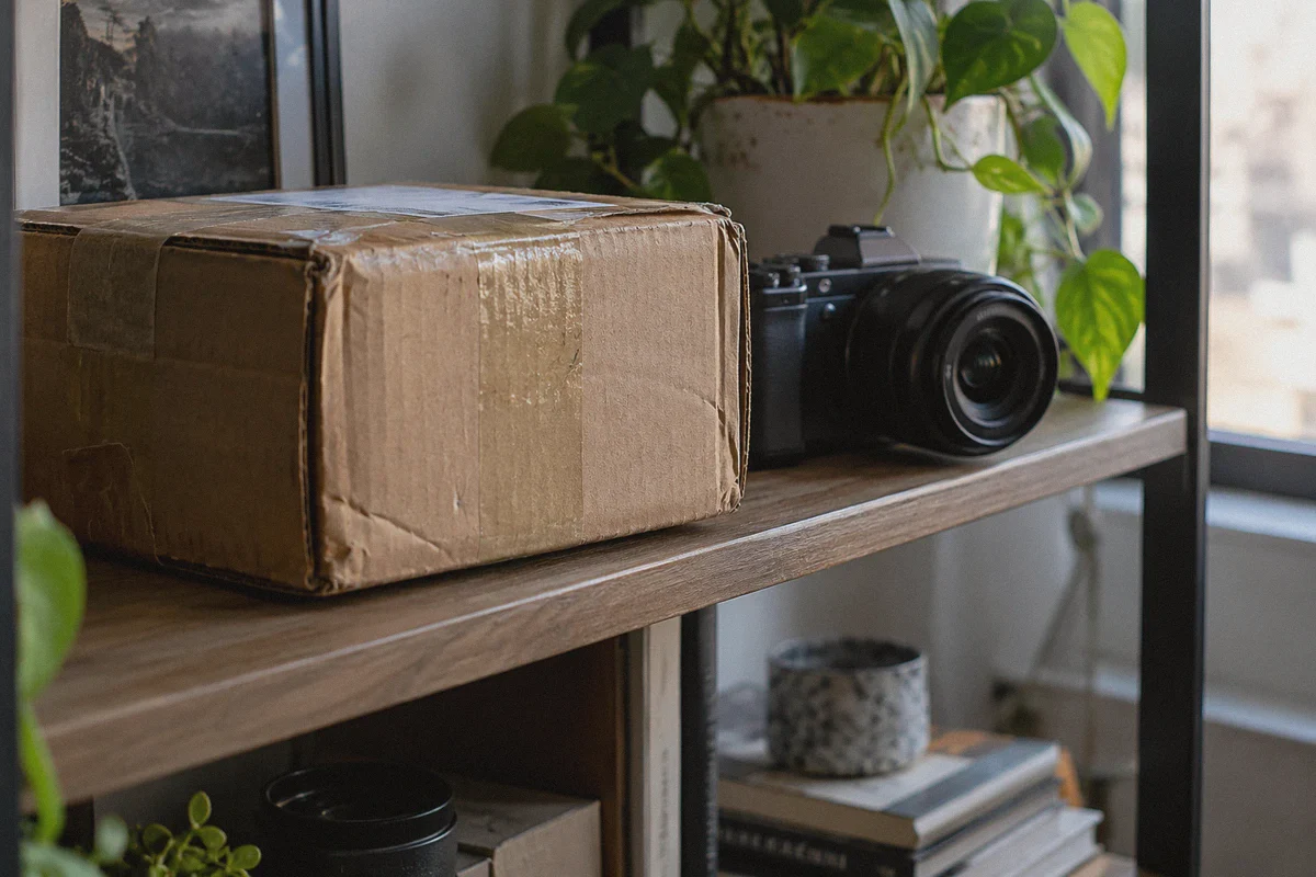 A delivery box near a camera-facing shelf.