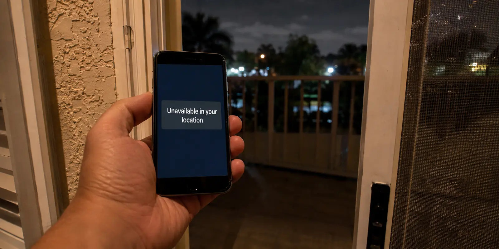 A phone displays an unavailable-in-your-location notice at a Florida apartment balcony late at night