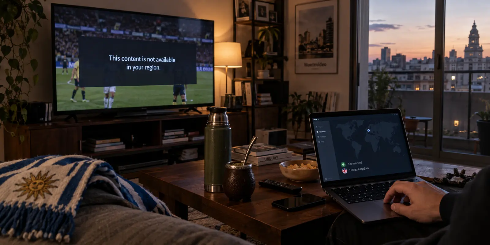 A local football stream appears unavailable in a Montevideo home while a laptop uses a foreign route.