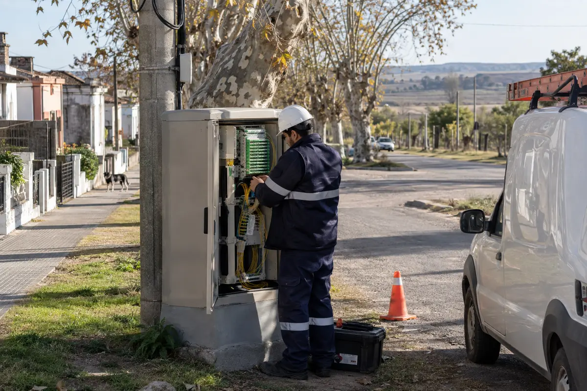 A field technician maintains a fibre distribution cabinet in a small Uruguayan town.