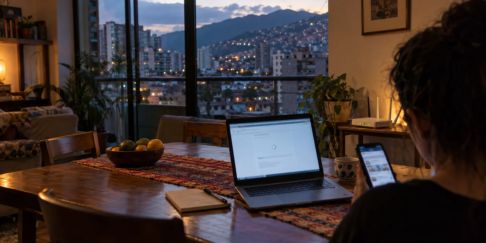 A software download stalls while other online services remain reachable in a Caracas apartment.
