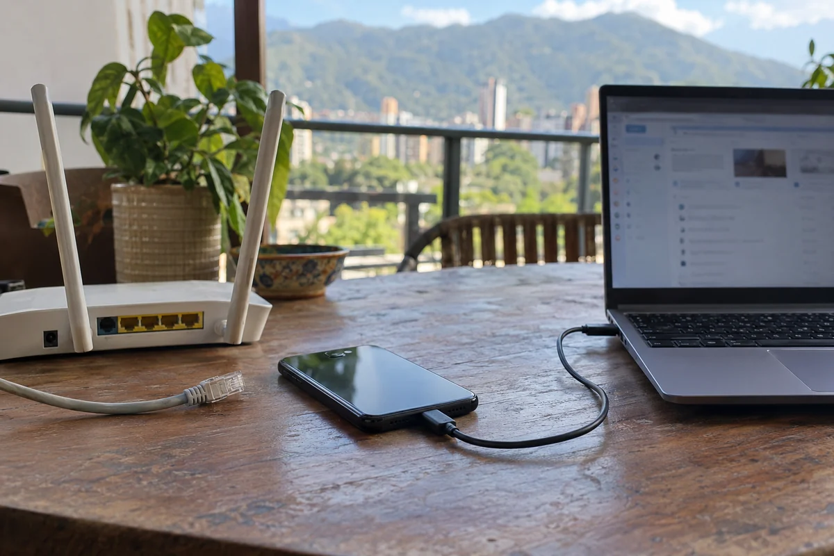A phone provides a USB-tethered mobile connection after home broadband is disconnected.