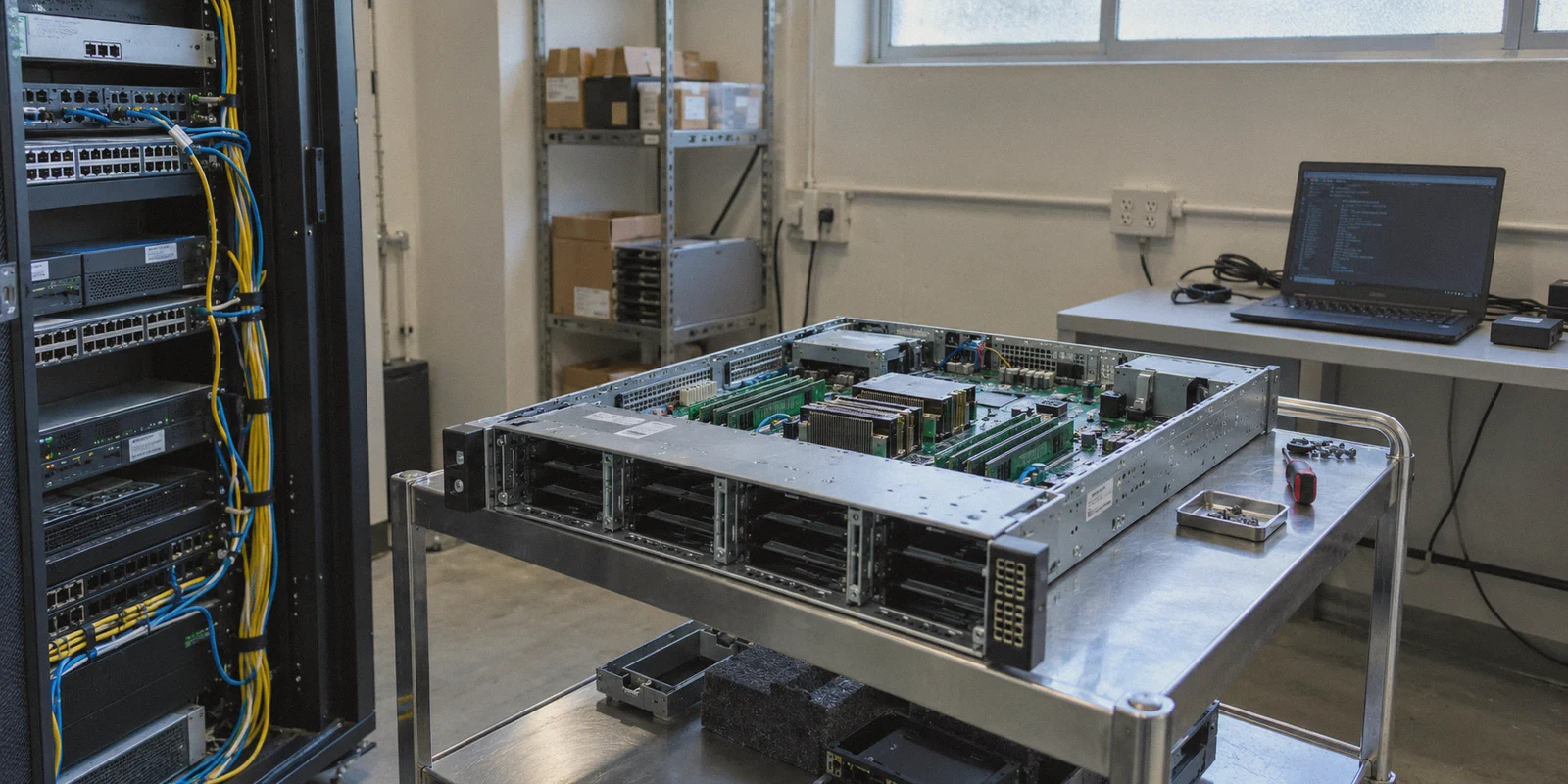 Server maintenance cart with exposed memory modules.