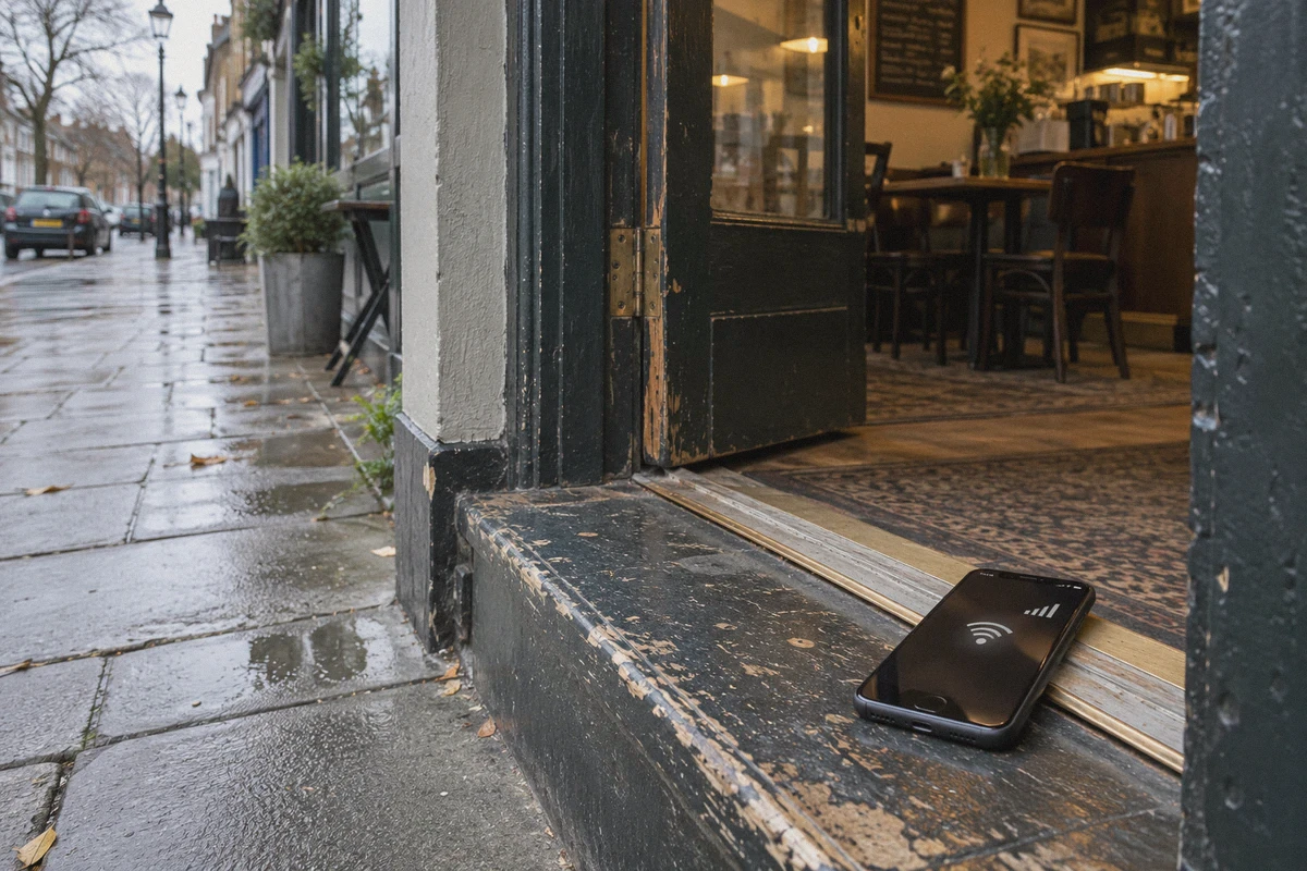 A phone at a café doorway between indoor and outdoor reception.