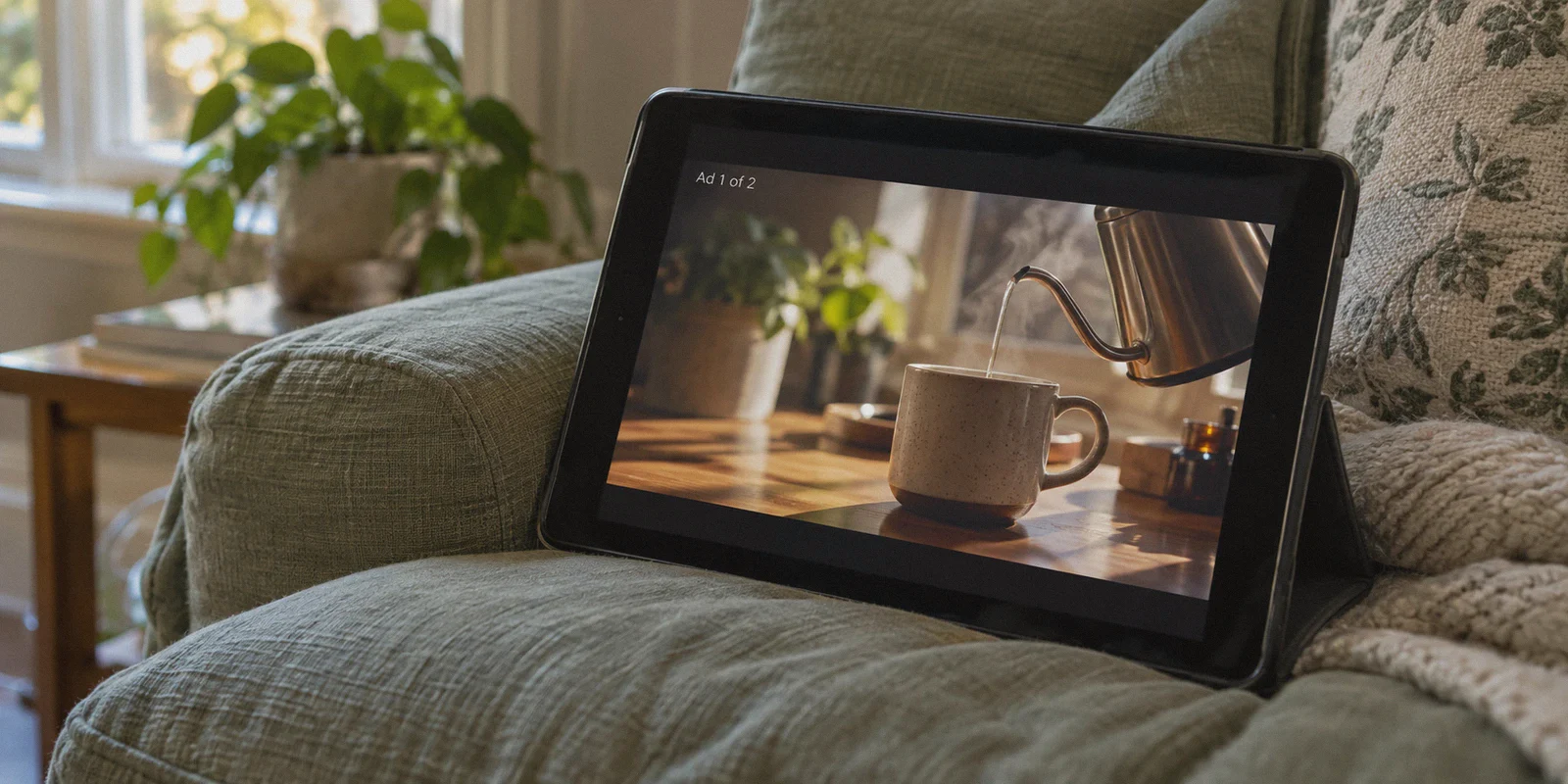 Tablet showing a video advertisement during playback.