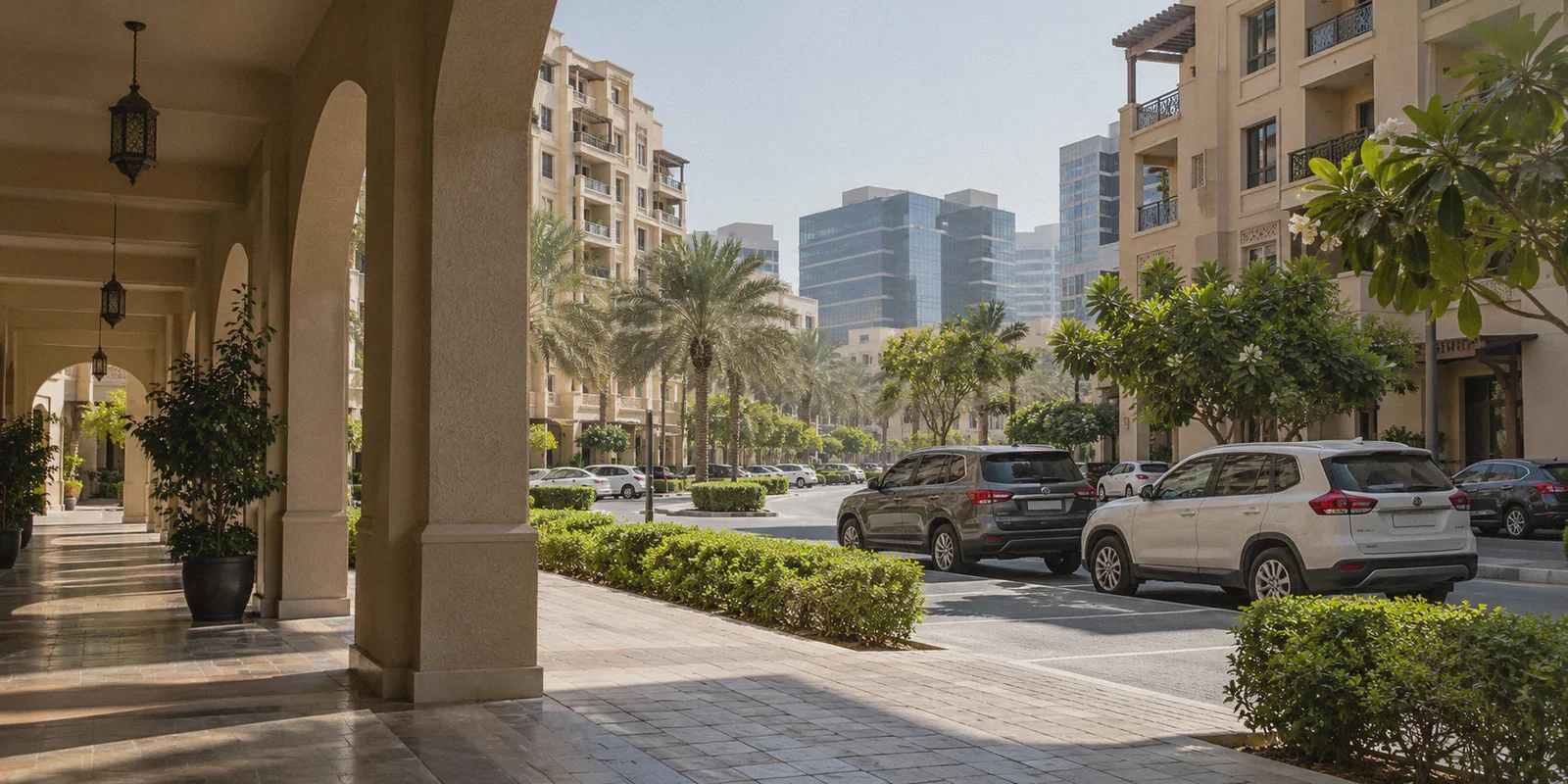 A shaded residential arcade in Dubai.