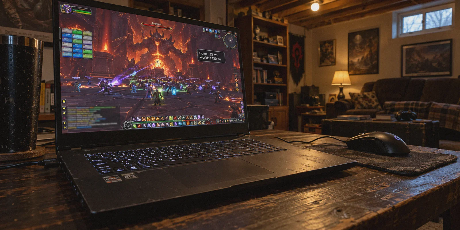 World of Warcraft on a laptop with different Home and World latency readings.