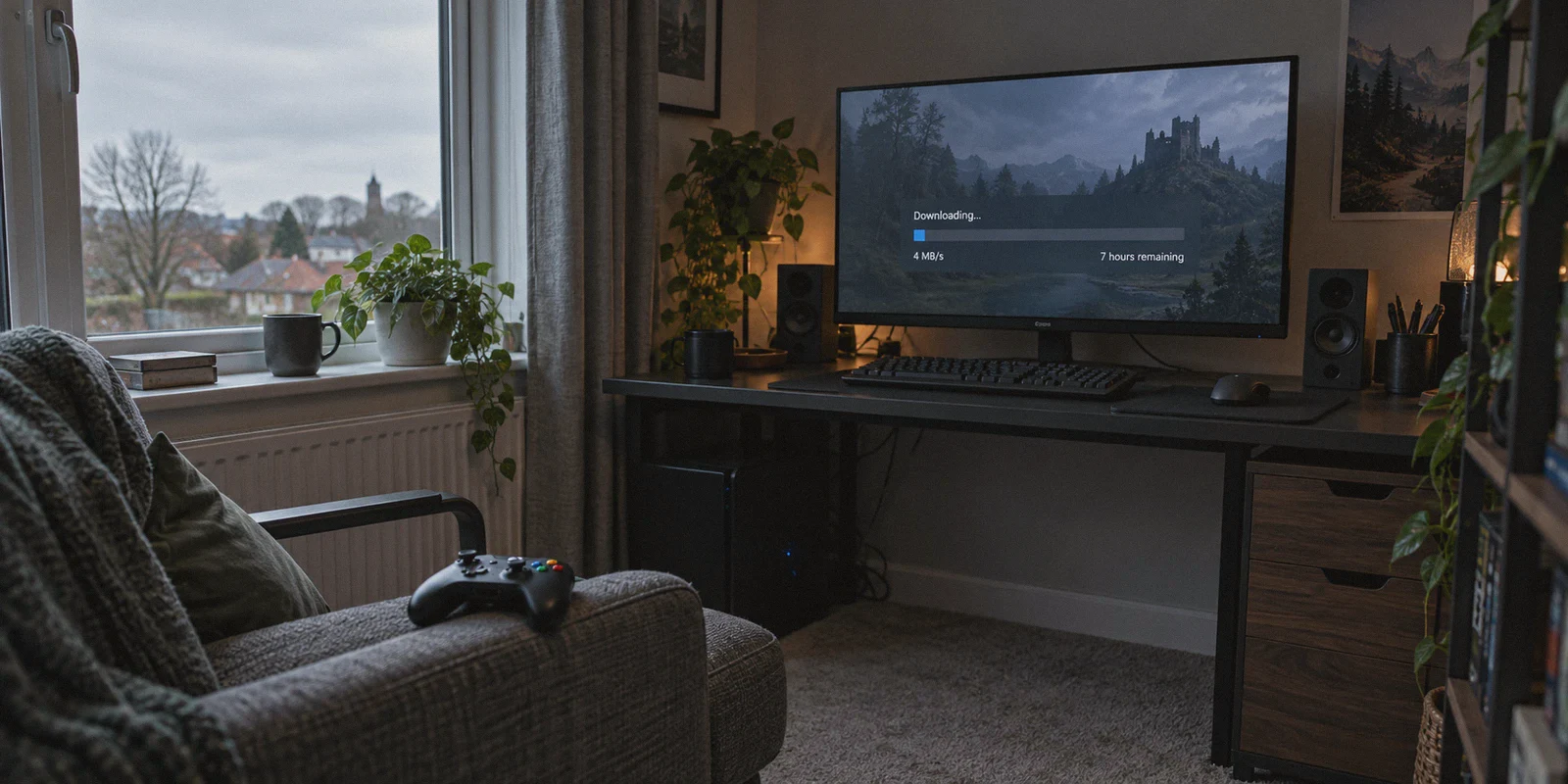 A game update progressing slowly on a desktop monitor.