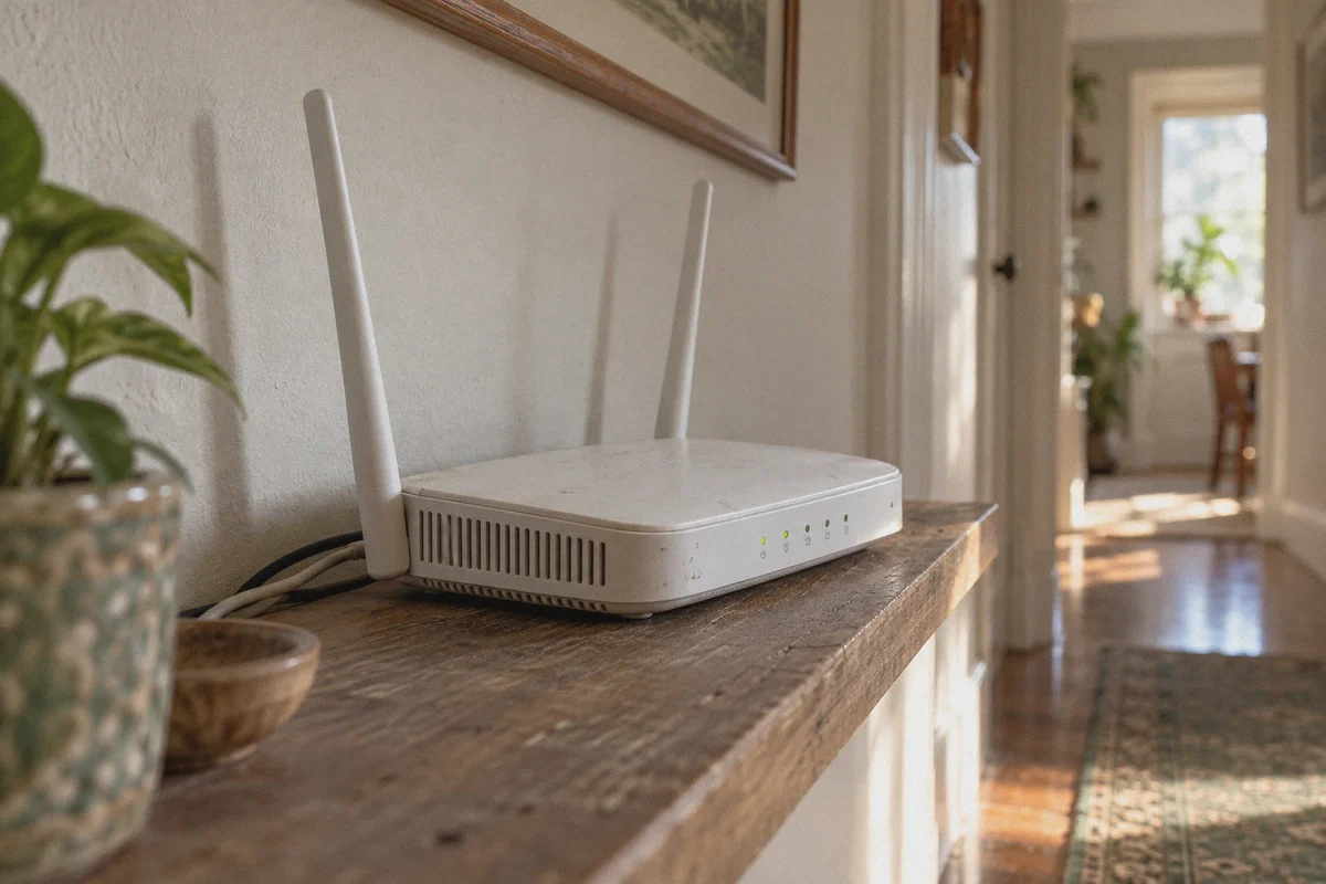 A home Wi-Fi router on a hallway shelf.