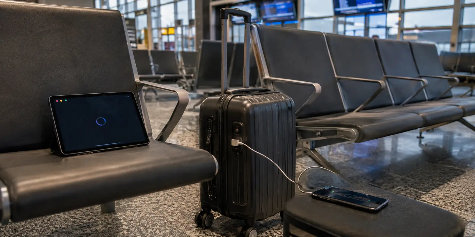Tablet, Smartphone und Handgepäck auf Sitzplätzen an einem deutschen Flughafen