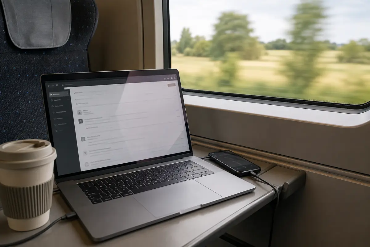 Laptop und Smartphone arbeiten während einer Zugfahrt gemeinsam über den mobilen Hotspot