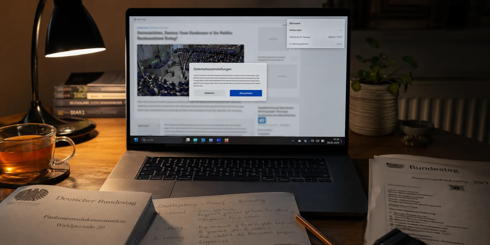 Politische Onlinerecherche mit neuer IP, aber weiterhin sichtbaren Datenschutz- und Cookie-Abfragen