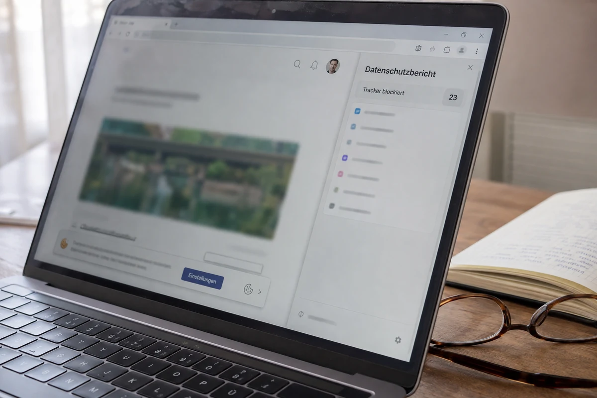 Ein Browser-Datenschutzbericht zeigt blockierte Tracker neben einer weiterhin angemeldeten Sitzung