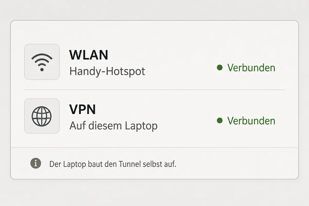 Netzwerkstatus des Laptops mit verbundenem Handy-Hotspot und eigener aktiver VPN-Verbindung