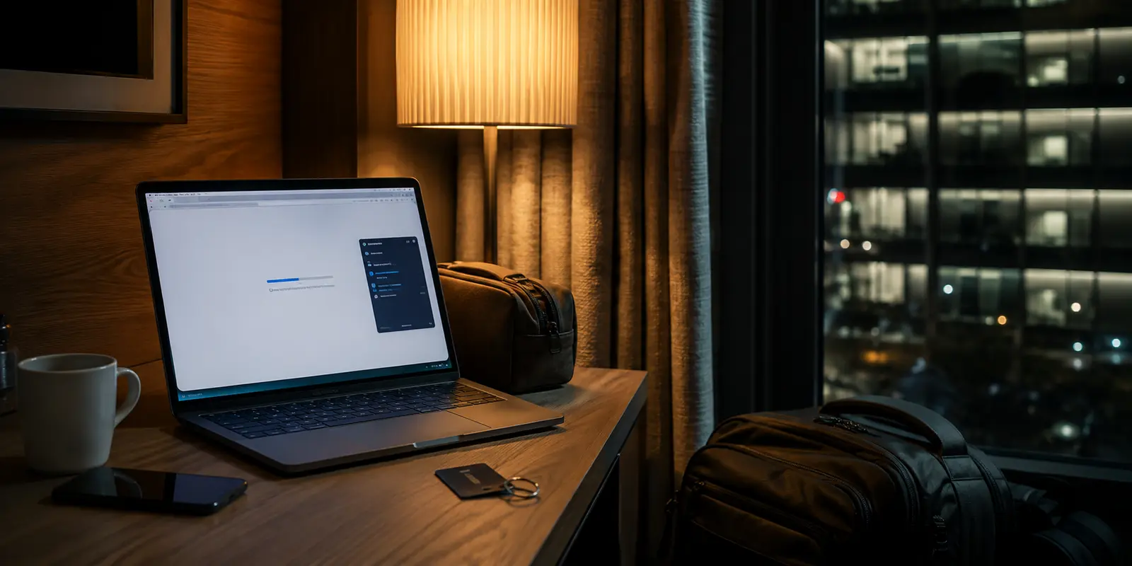 Hotelzimmer mit Laptop vor einer nicht geladenen WLAN-Anmeldeseite