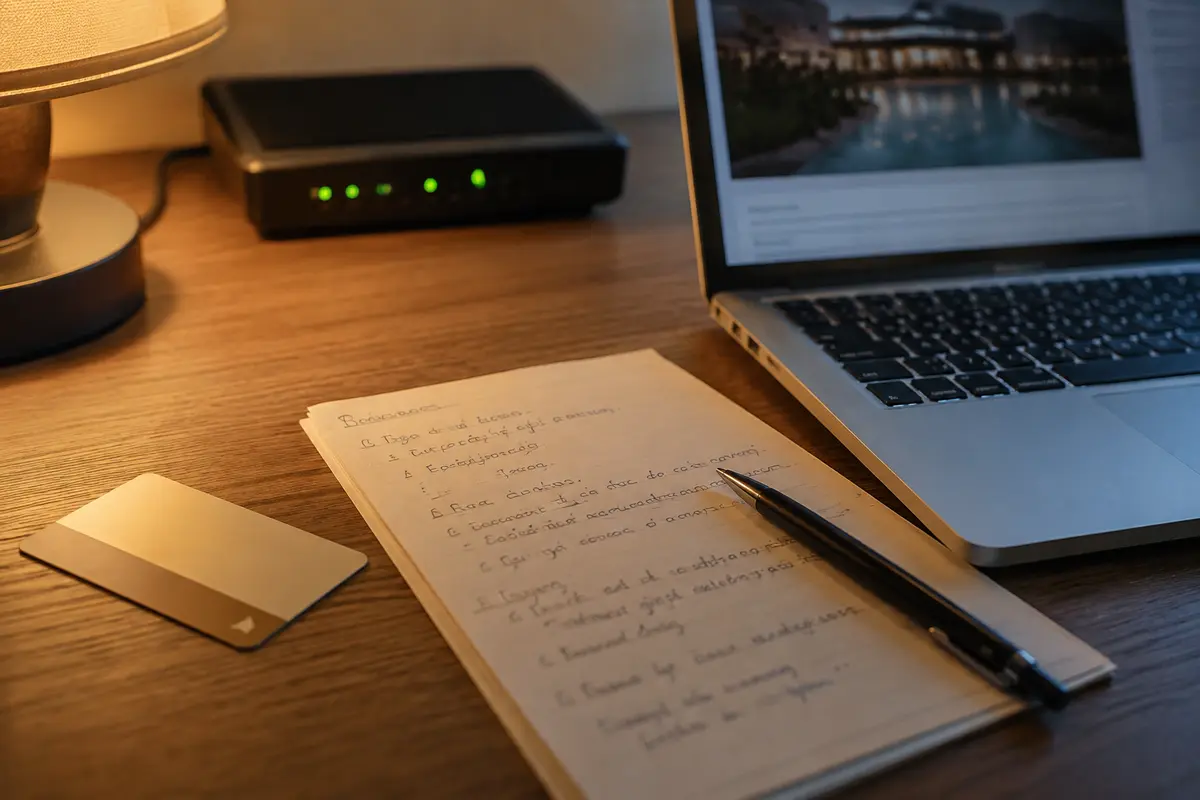 Hotelkarte, Laptop und Notizen neben einem Routerlicht