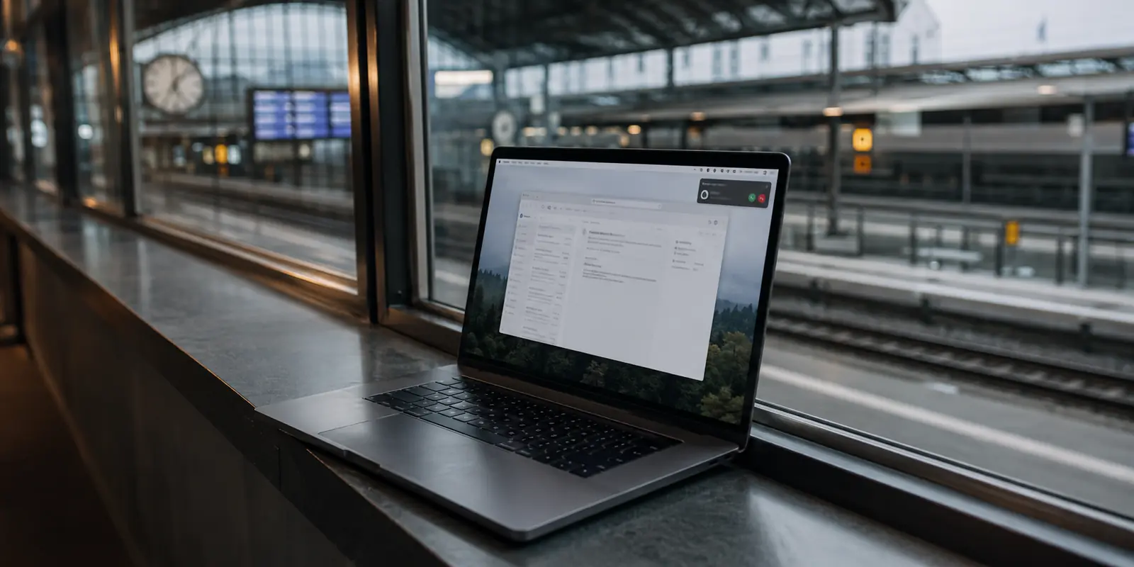 Ein Laptop an einem Steharbeitsplatz im deutschen Bahnhof zeigt neben dem Browser einen eingehenden Desktop-Anruf