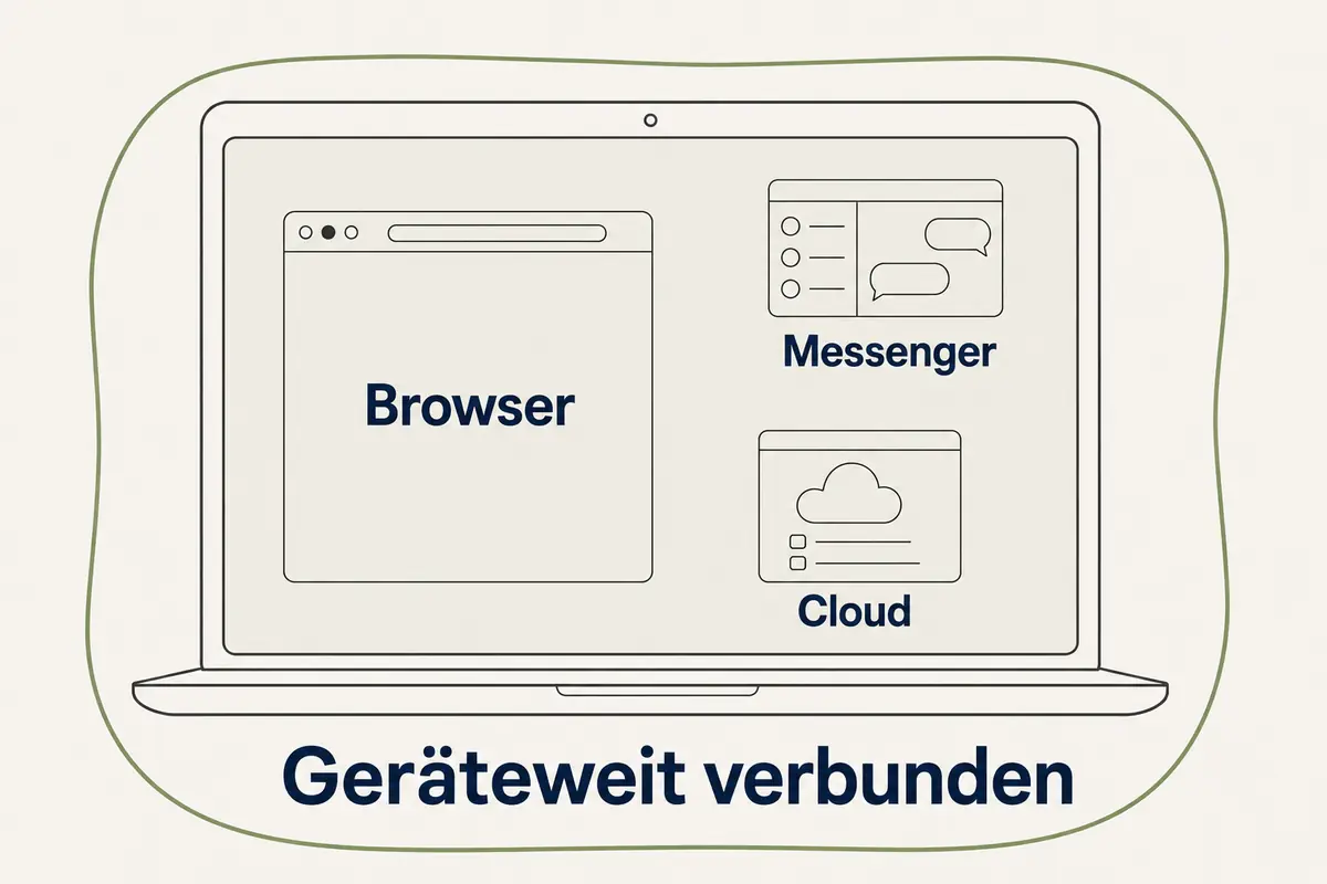 Eine Geräteansicht zeigt Browser, Messenger und Cloud gemeinsam innerhalb der VPN-Verbindung