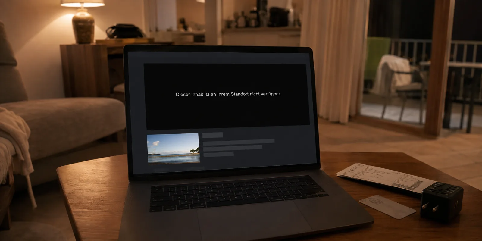 Laptop in einer Ferienwohnung mit dem Hinweis, dass ein Inhalt am aktuellen Standort nicht verfügbar ist.