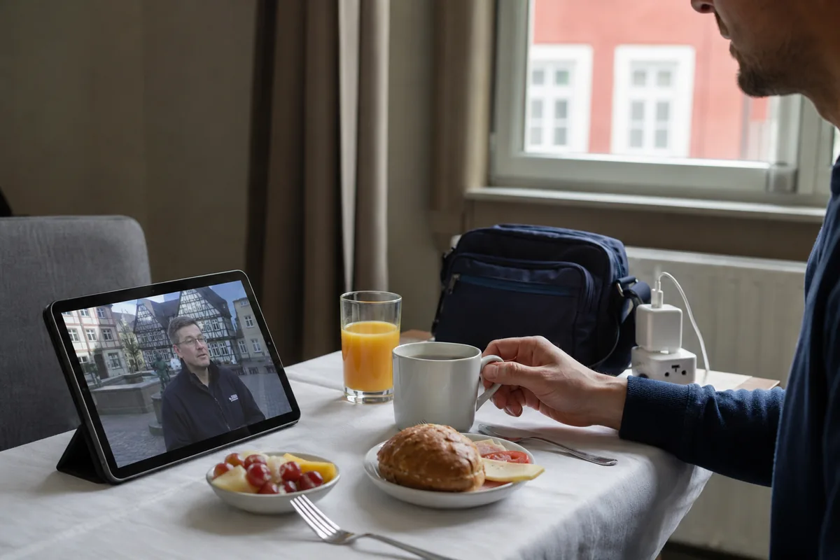 Tablet spielt beim Frühstück auf einer Reise eine deutsche Dokumentation ab.