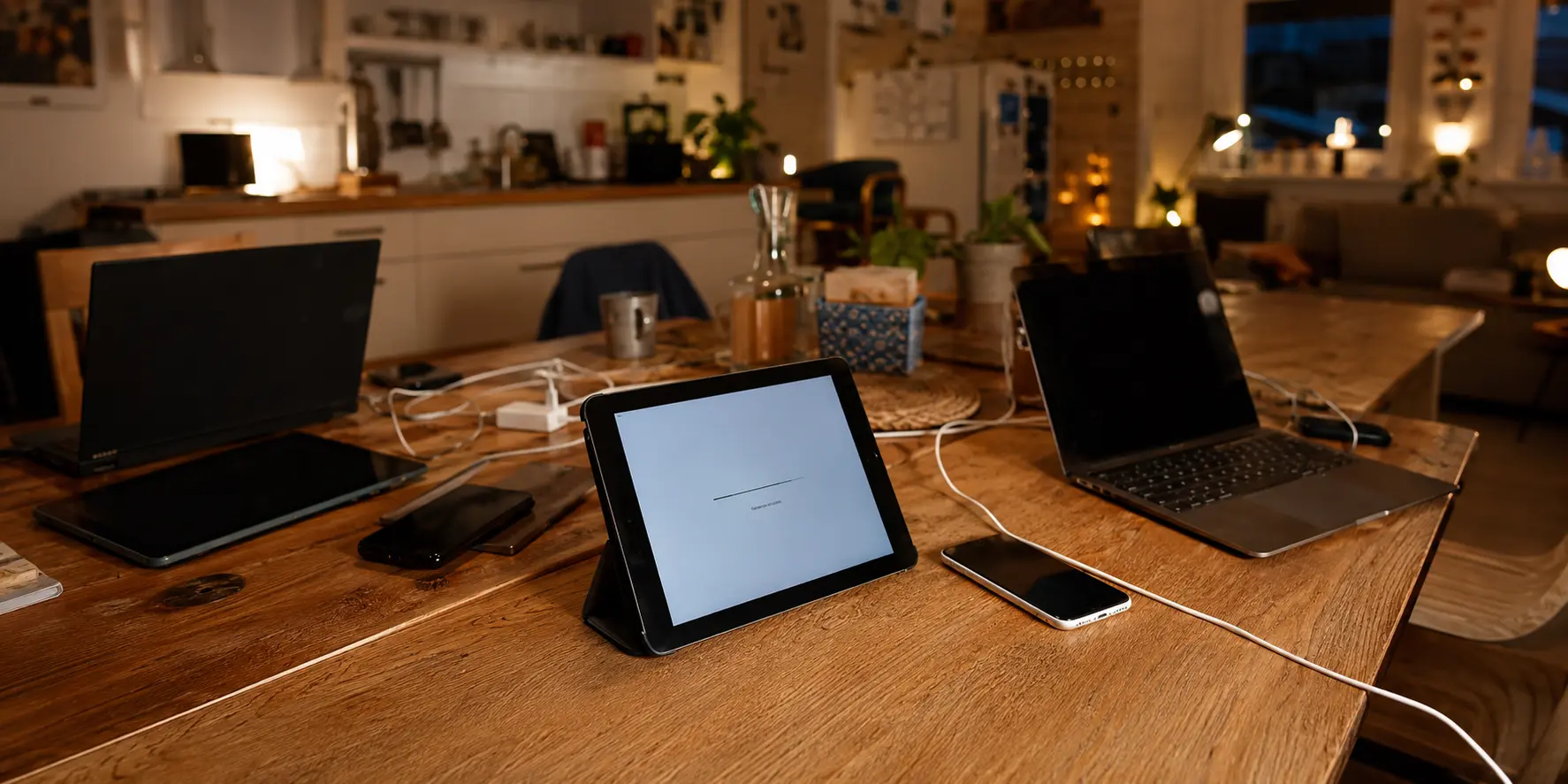 Ein Küchentisch mit mehreren Familiengeräten während der nächsten VPN-Einrichtung.