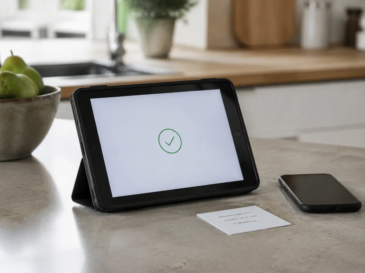 Ein älteres Tablet zeigt den ruhigen Abschluss einer unkomplizierten Geräte-Einrichtung.