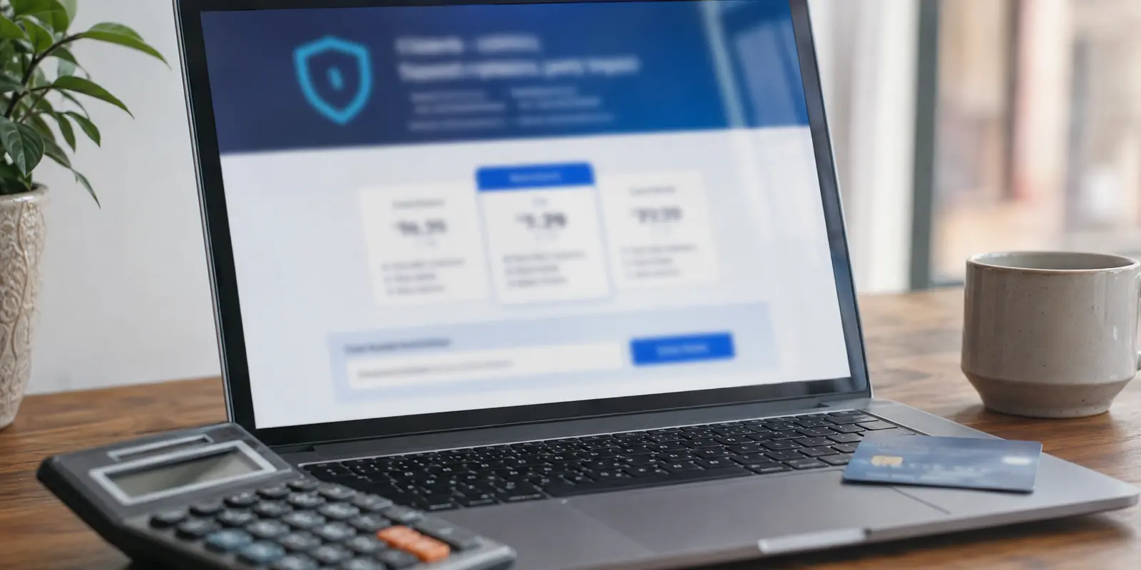 Laptop mit VPN-Preisübersicht und Rechner