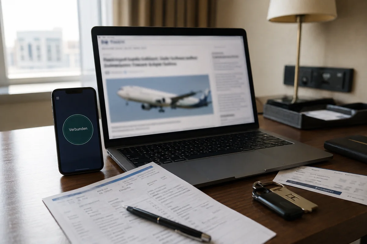 Ein verbundener VPN-Zugang ermöglicht am Hoteltisch wieder den Zugriff auf aktuelle Fluginformationen.