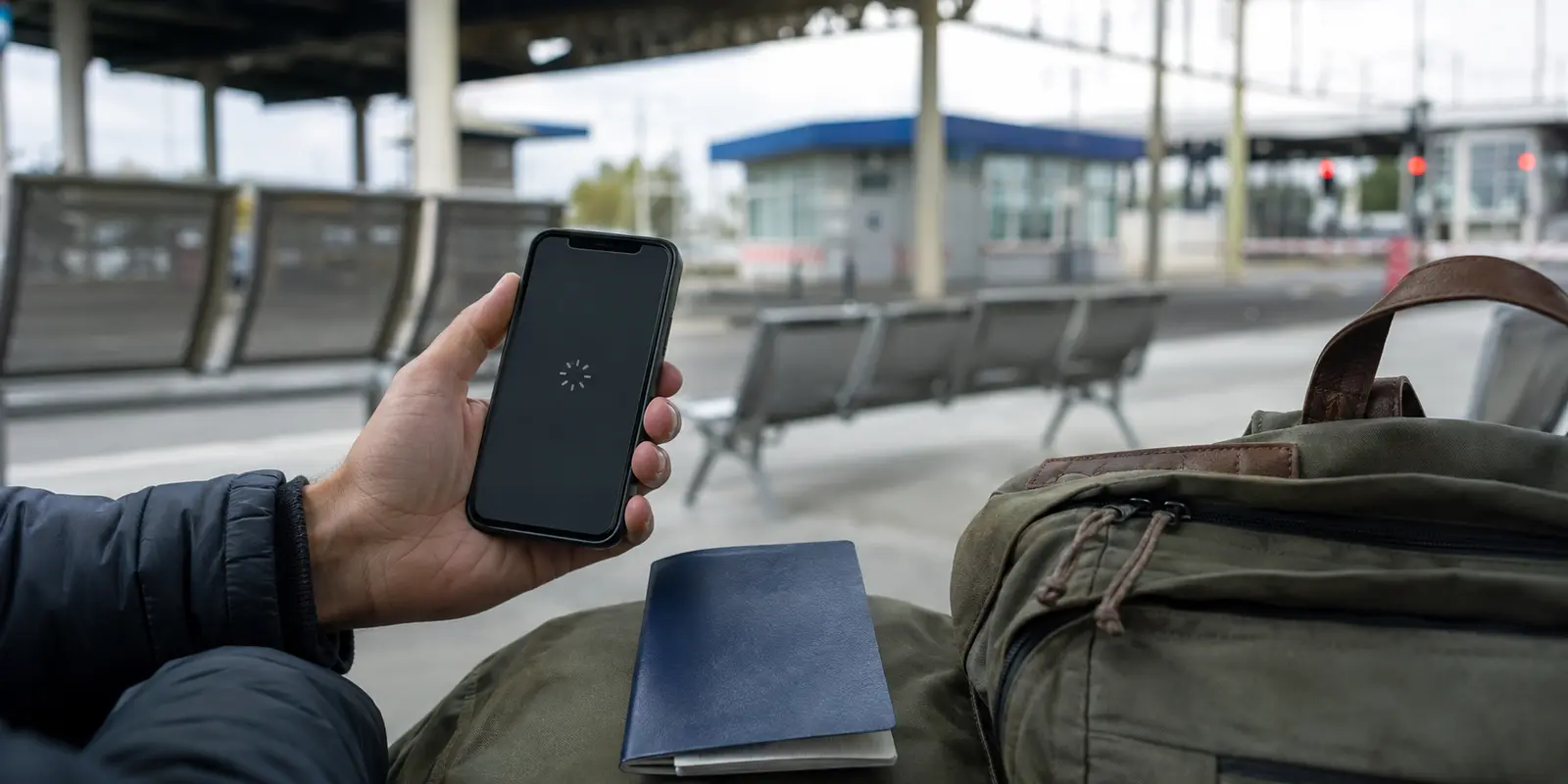 Reisender mit Telefon in einem Grenzbereich