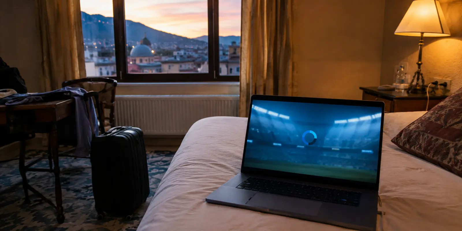 Sportübertragung auf einem Laptop im Hotelzimmer