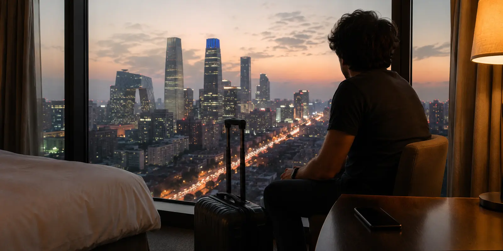 Reisende mit Telefon vor chinesischer Stadtkulisse