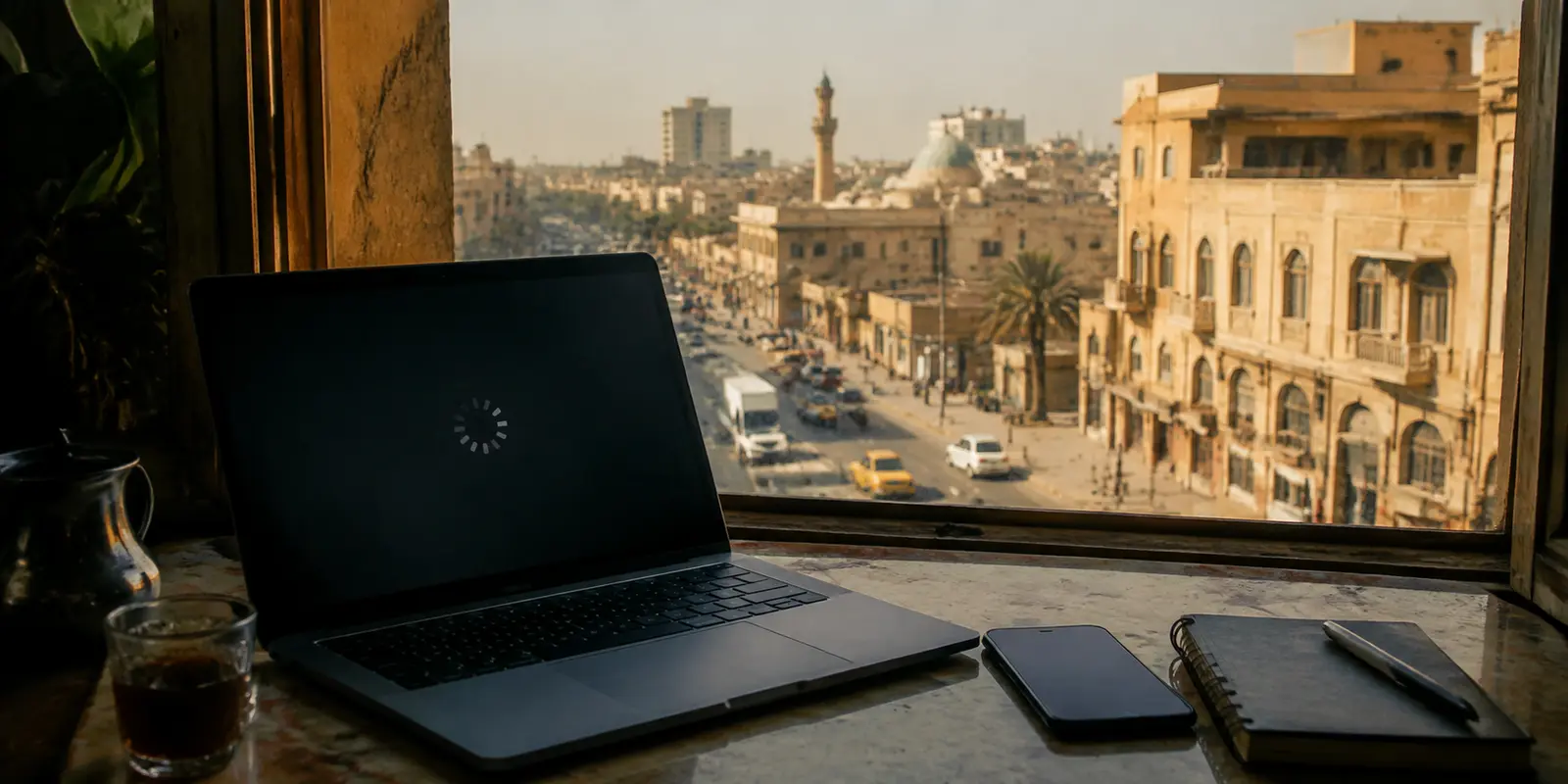 Laptop an einem Fenster mit Blick auf Bagdad