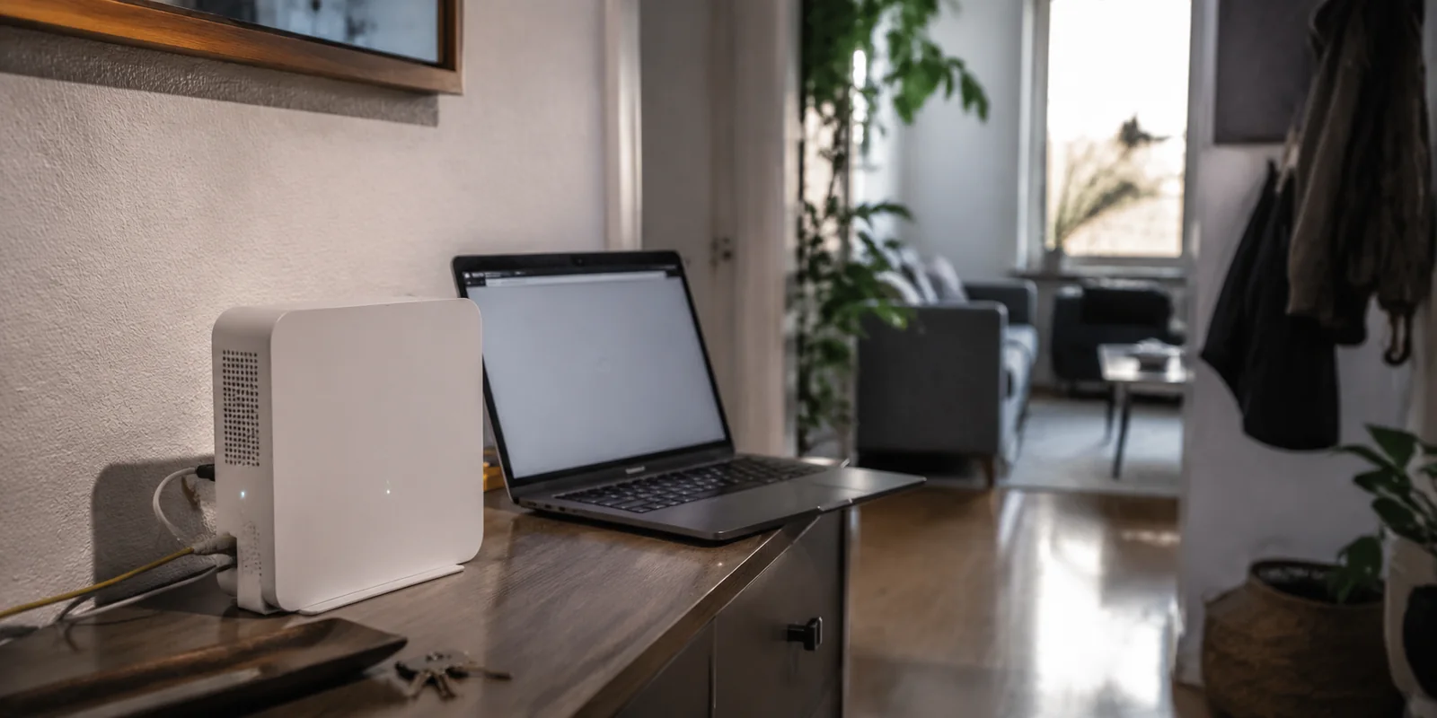 Glasfaser-Router und Laptop während der Prüfung einer VPN-Verbindung