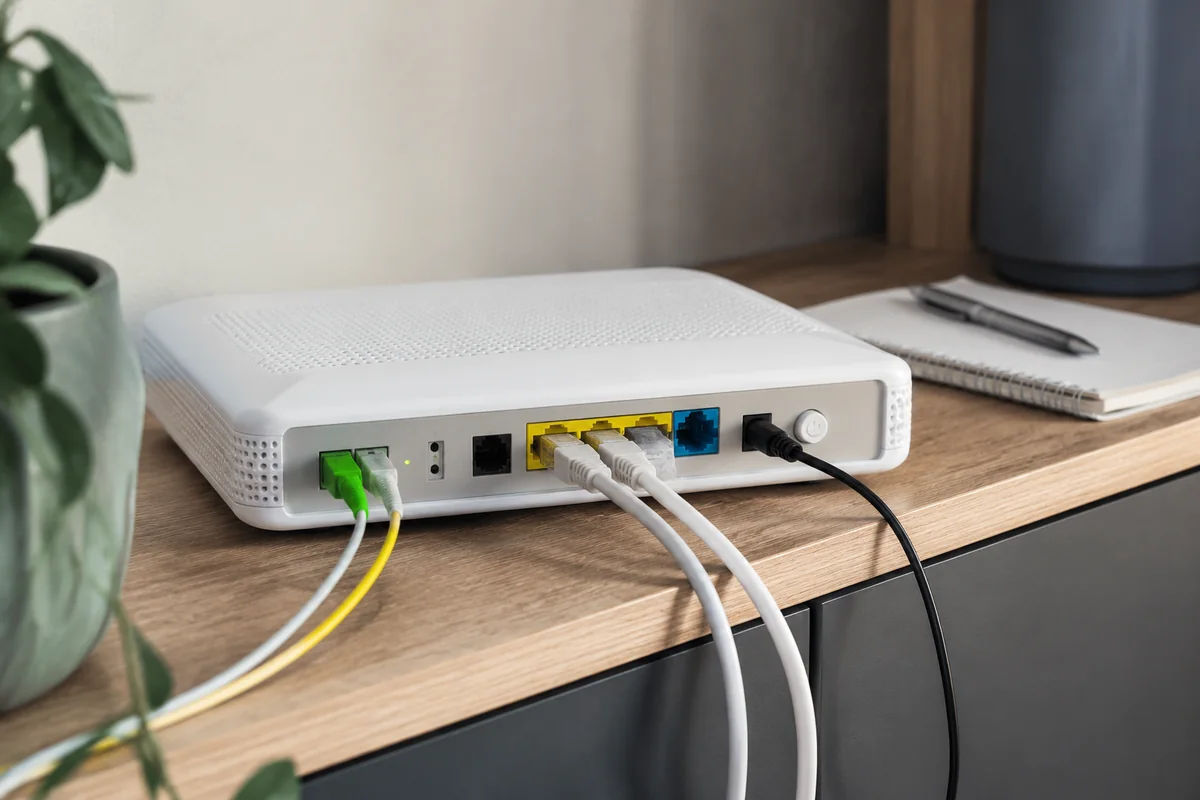 Anschlüsse eines Glasfaser-Routers mit Ethernet- und Glasfaserkabeln