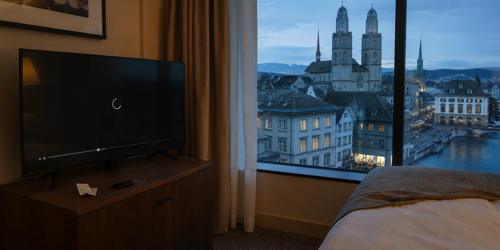 Hotelzimmer in Zürich mit einem nicht startenden Videostream auf dem Fernseher