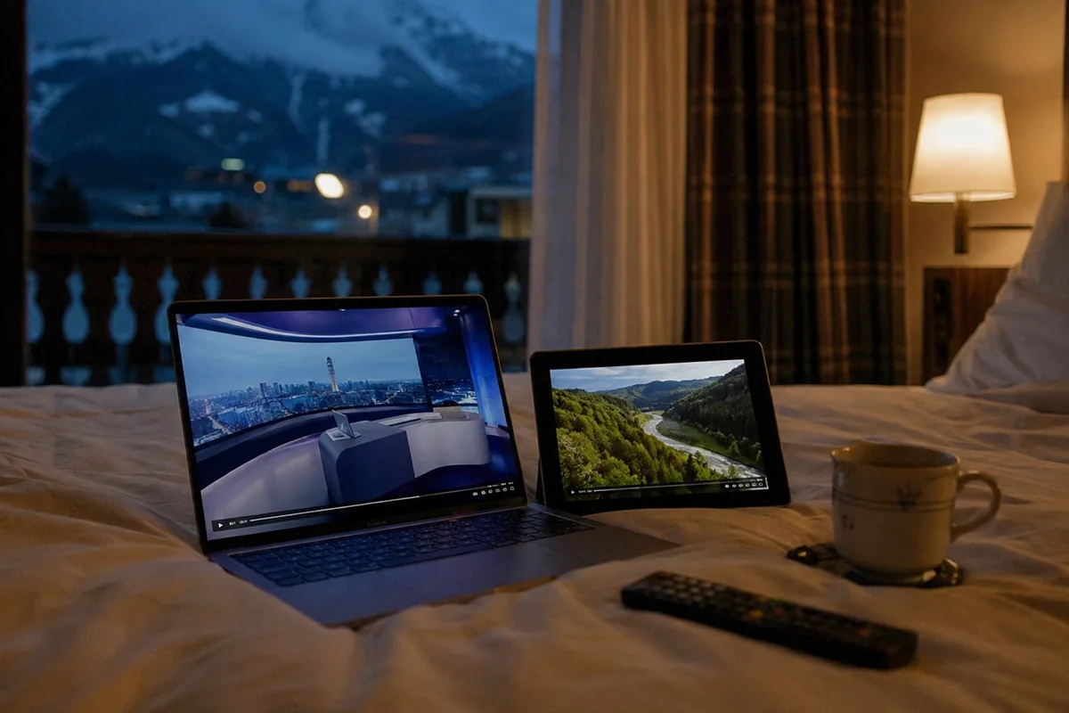 Laptop und Tablet mit laufenden deutschen Fernsehsendungen in einem Schweizer Hotelzimmer