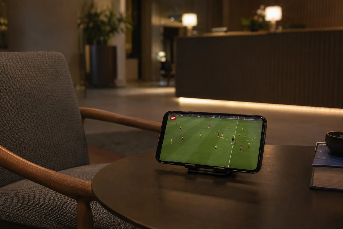 Der SRF-Fussballstream läuft auf einem Telefon in der Hotellobby weiter.