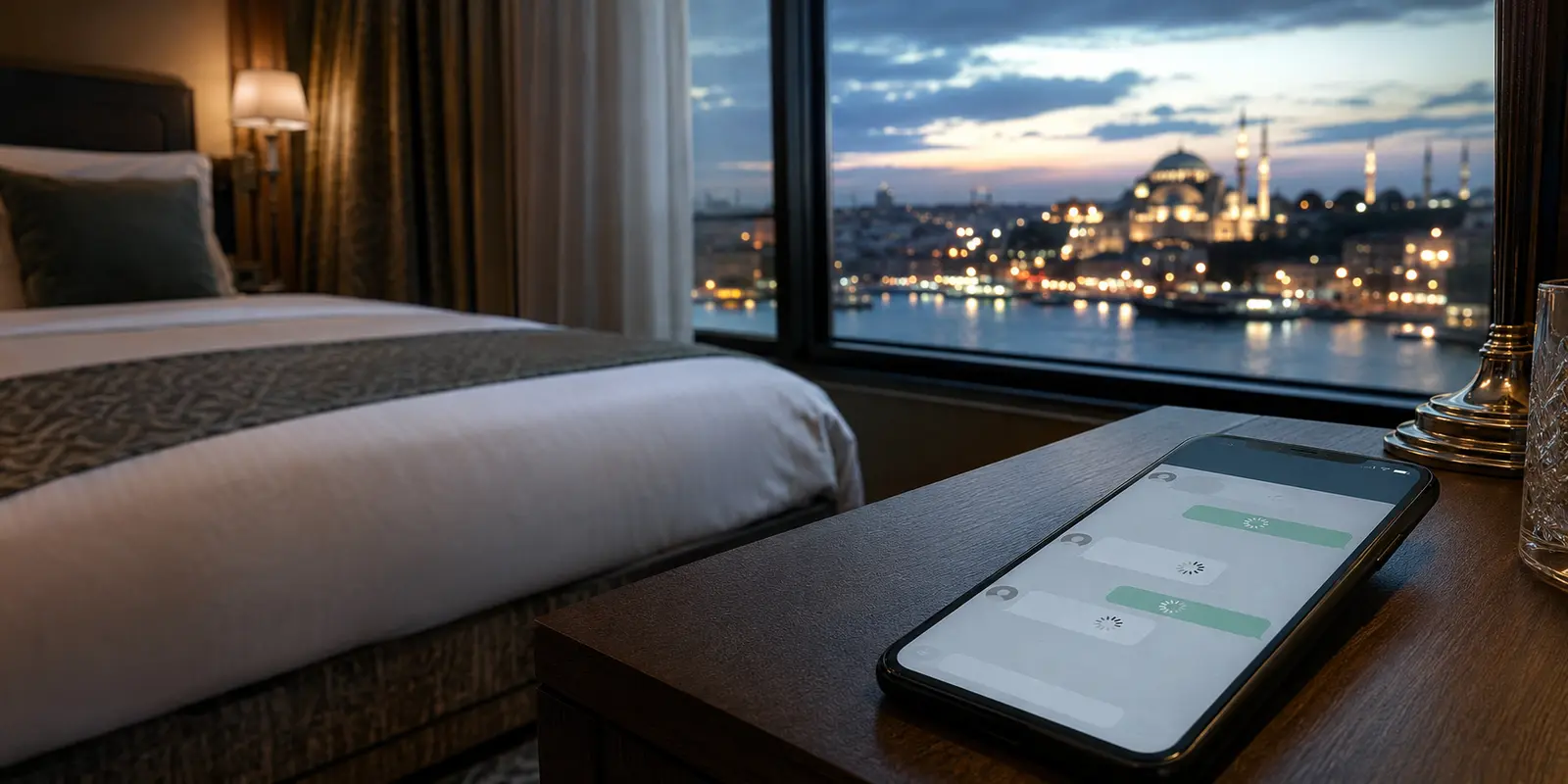 Smartphone mit hängender Nachricht in einem Hotelzimmer in Istanbul