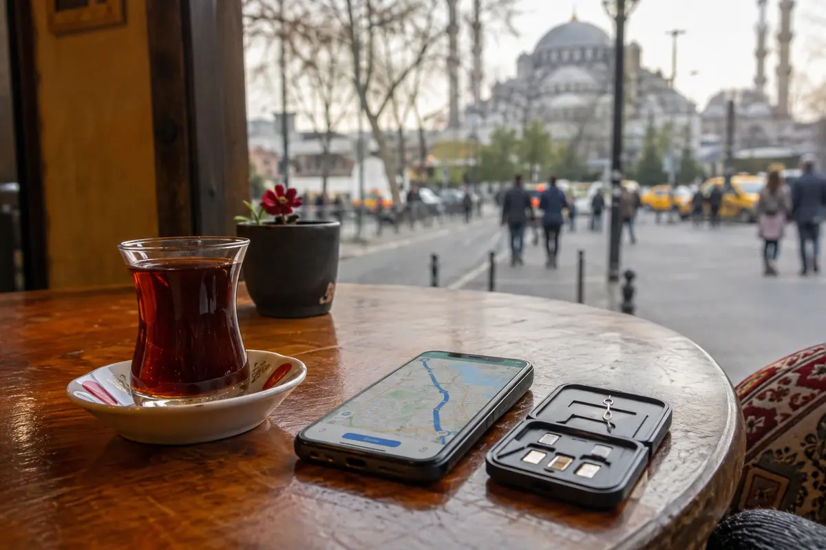 Smartphone mit Kartenroute und eSIM-Etui an einem Café-Tisch in Istanbul