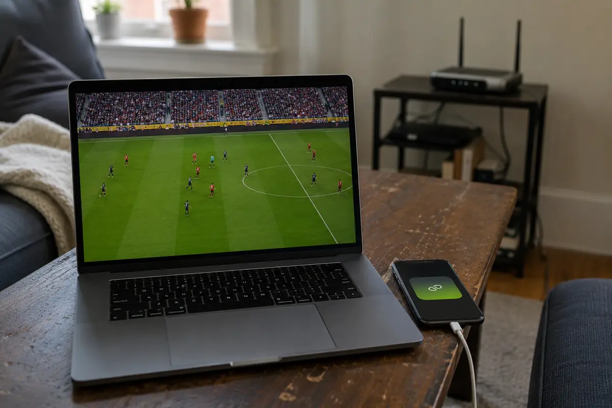 Ein Fußballstream läuft auf dem Laptop weiter, während ein Smartphone den mobilen Hotspot bereitstellt