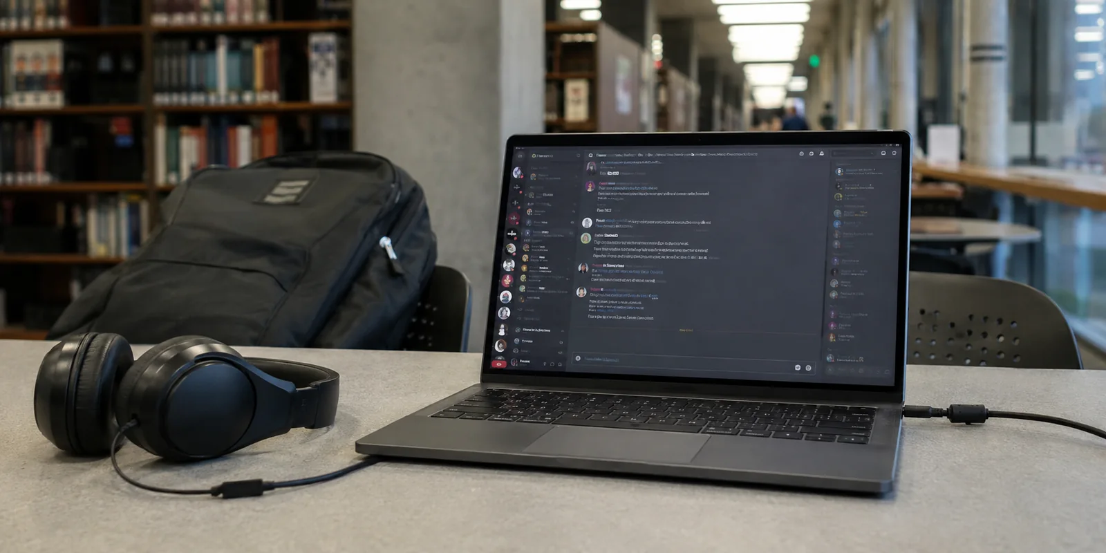 Notebook mit geöffnetem Sprachchat in einer Hochschulbibliothek
