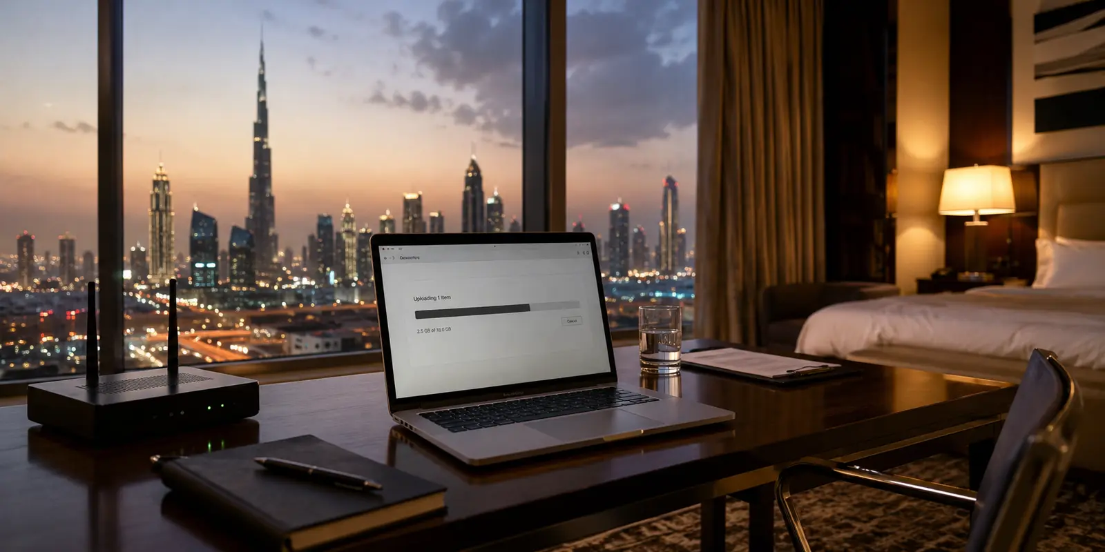 Laptop mit laufendem Upload in einem Hotelzimmer in Dubai