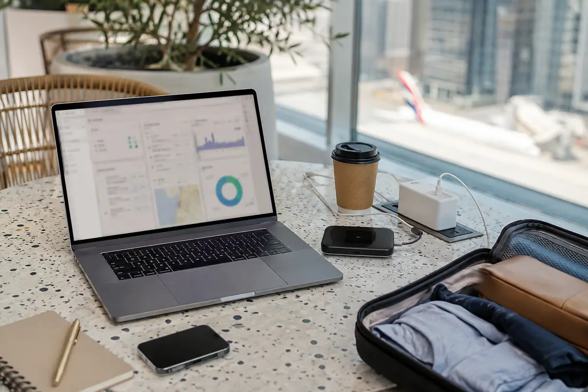 Laptop, Smartphone-Hotspot und Reisegepäck an einem Tisch in Dubai